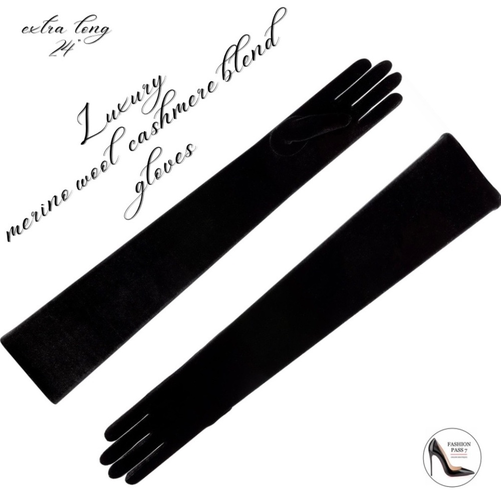 24” Long Luxury Cashmere Merino Wool Glove Classic Black Opera Winter Warm Glove - Picture 3 of 8